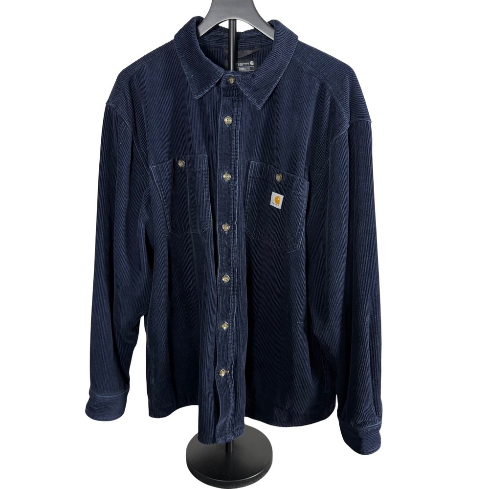 Carhartt Mens XL Loose Fit Corduroy Shirt Jacket Navy Blue Jersey Lined 104916